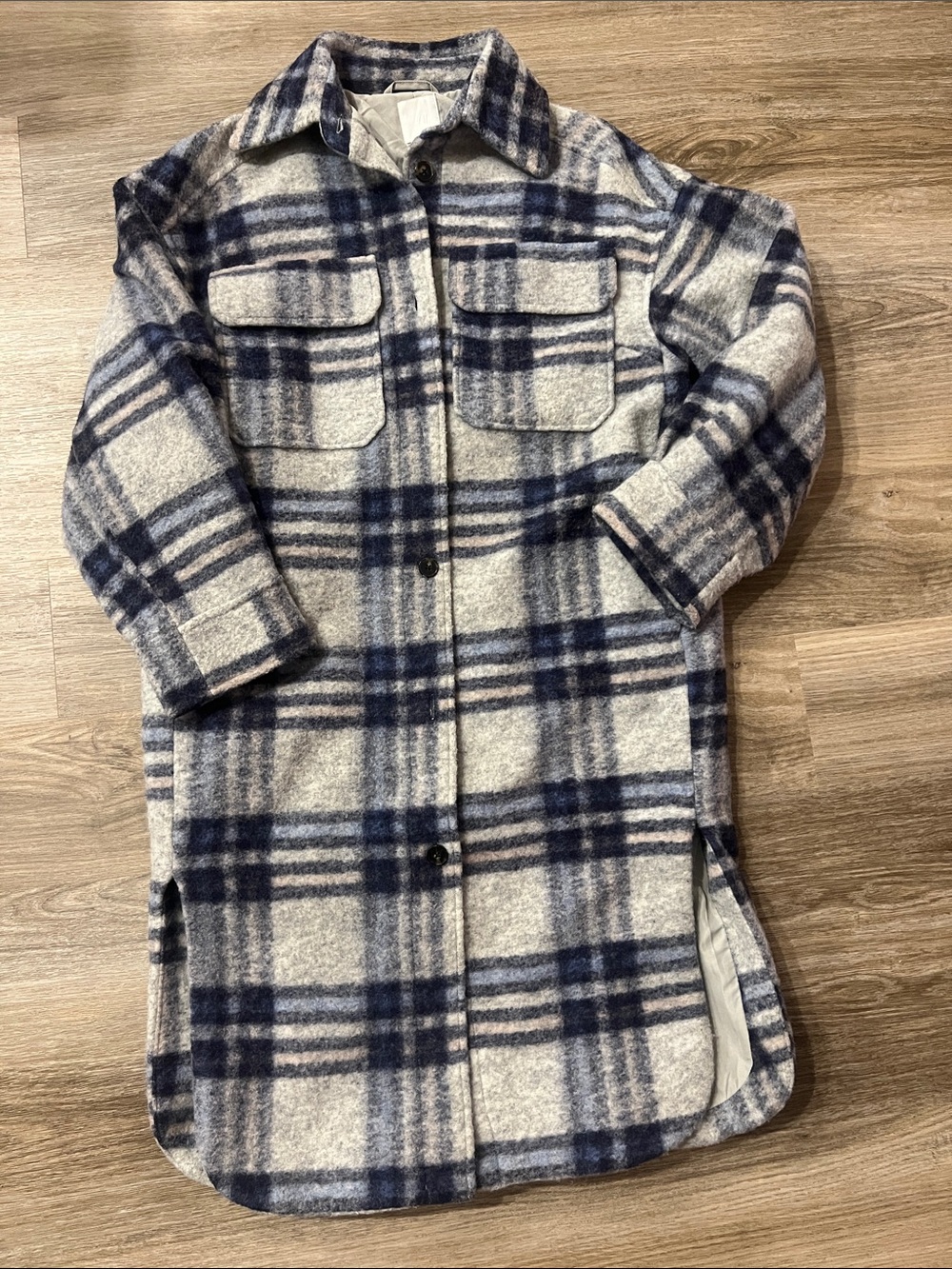 Women’s long Plaid Shacket Jacket - Navy & Cream XS